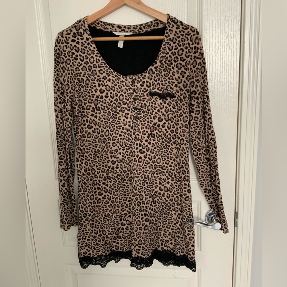 Soma Women's Long Sleeve Henley Lace Trim Brown Cheetah Print Nightgown SMALL - Picture 5 of 5